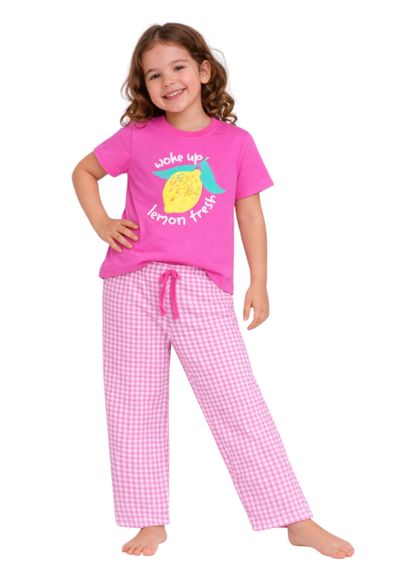 victor and jane Girls Wake Up Lemon Tee & Pink Gingham Pants Set